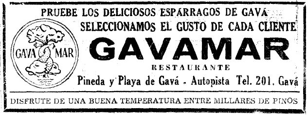 Anuncio de los esprragos del Restaurante Gavamar de Gav Mar publicado en el diario LA VANGUARDIA (7 de Abril de 1957)